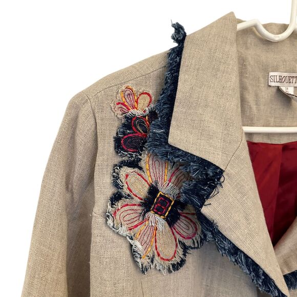 Silhouettes Beige 100% Linen Satin Lined Floral Embroidered 3 Button Blazer 24W - Picture 4 of 8